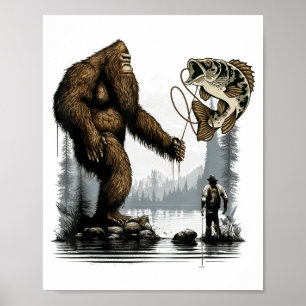 Bigfoot Fishing Funny Sasquatch Fi-shirt Poster