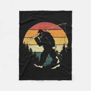 Bigfoot Fishing Funny Sasquatch Fish Sunset 80s B Fleece Blanket