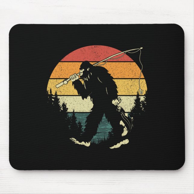 Bigfoot Fishing Funny Sasquatch Fish Sunset 80s B  Mouse Pad (Front)