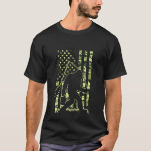Bigfoot Fishing with Camo American Flag Funny Fish T-Shirt