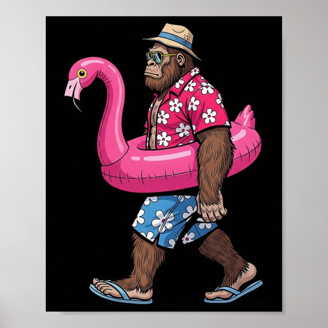 Bigfoot Flamingo Sasquatch Summer Pink Float Pool  Poster (Front)