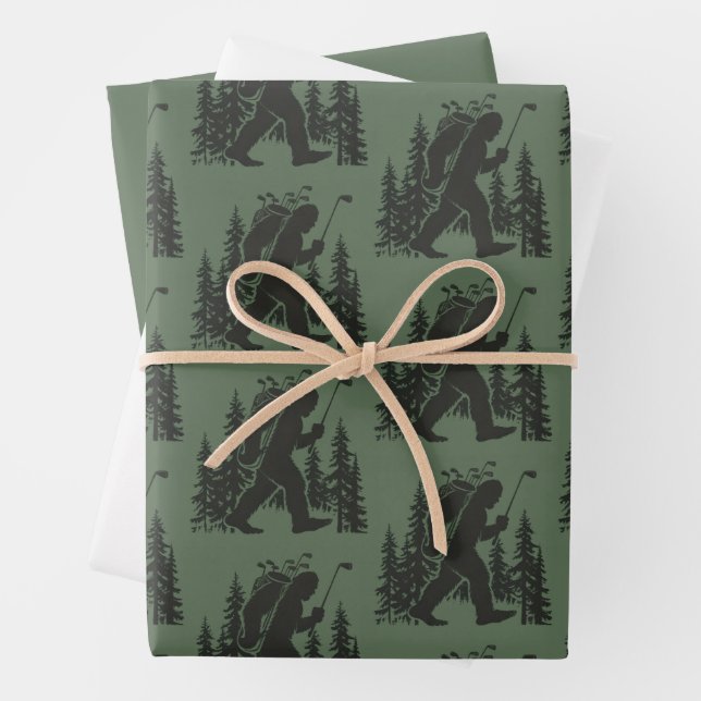 Bigfoot Golfer Tree Funny Sasquatch Golfing Golf Wrapping Paper Sheet (In situ)
