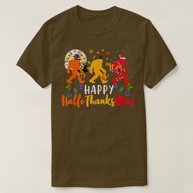 Bigfoot Happy Hallothanksmas Halloween Thanksgivin T-Shirt (Design Front)