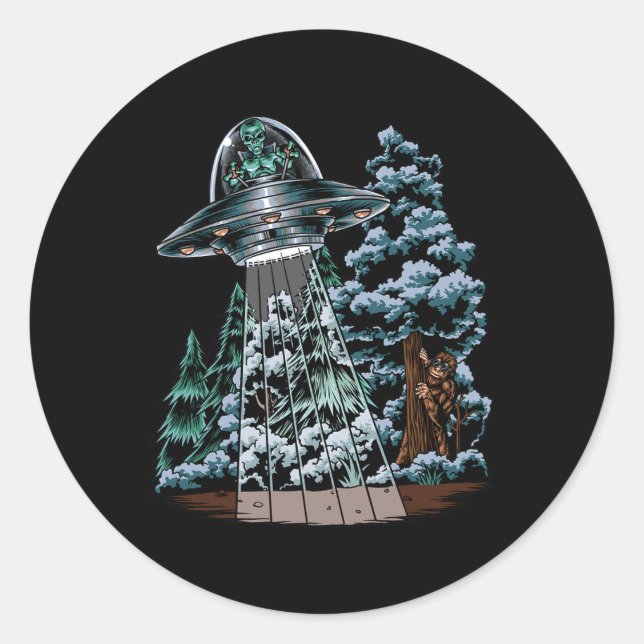 Bigfoot Hiding From Alien In A UFO Behind A Tree F Classic Round Sticker (Front)