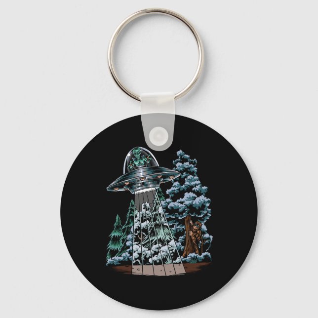 Bigfoot Hiding From Alien In A UFO Behind A Tree F Key Ring (Front)