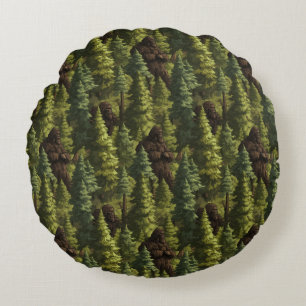 Bigfoot Hiding In A Pine Tree Forest Round Cushion