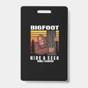 bigfoot hiding in a tree retro ID badge
