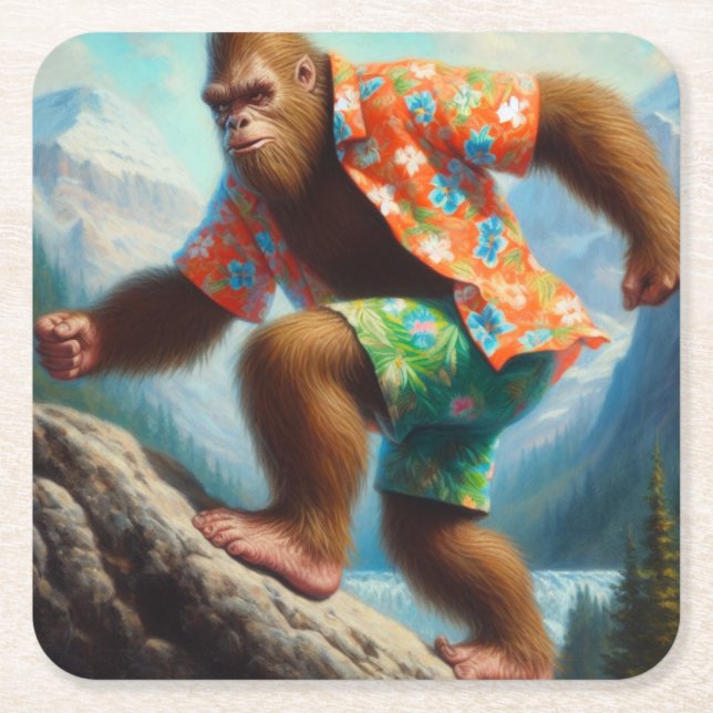 Bigfoot Hiking Square Paper Coaster (Front)