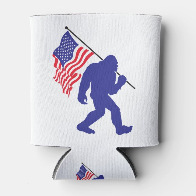 Bigfoot Holding the American Flag Can Cooler (Front)