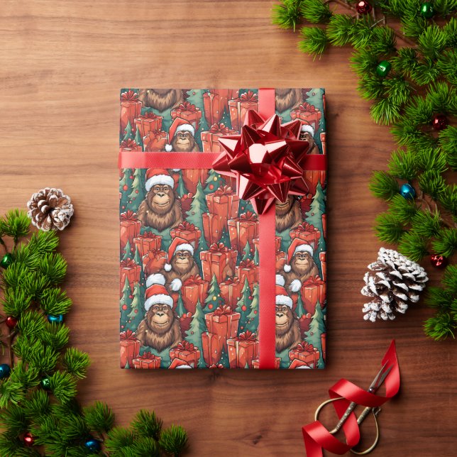 Bigfoot in Santa Hats in the Woods  Christmas Wrapping Paper (Holiday Gift)