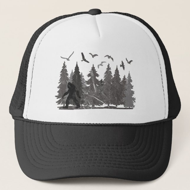 Bigfoot in the Forest Sasquatch Yeti Trucker Hat (Front)