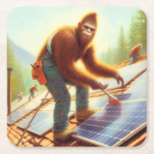 Bigfoot Installing Solar Panels Square Paper Coaster