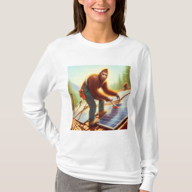 Bigfoot Installing Solar Panels T-Shirt (Front)