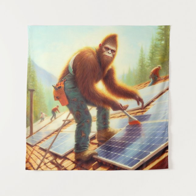 Bigfoot Installing Solar Panels Tapestry (Front)