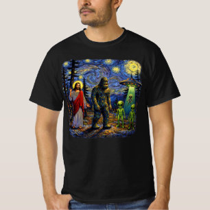 Bigfoot Jesus Aliens Starry Night — Sasquatch Van  T-Shirt