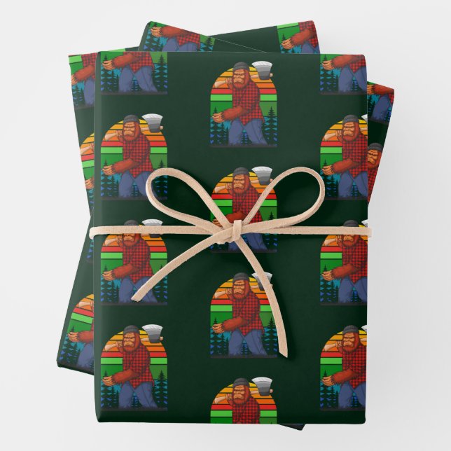 Bigfoot Lumberjack With Axe Sasquatch Forester Fun Wrapping Paper Sheet (In situ)