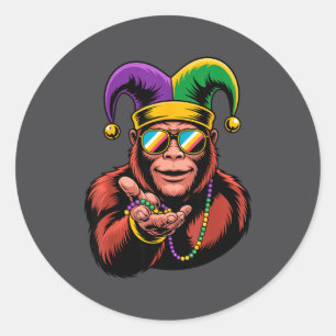 Bigfoot Mardi Gras Funny Carnival With Jester Bead Classic Round Sticker