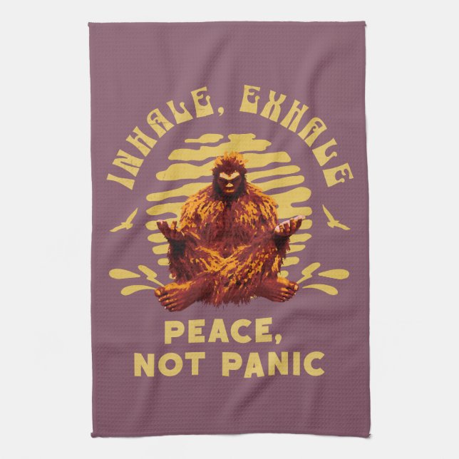 Bigfoot Meditation Peace Not Panic Design Tea Towel (Vertical)