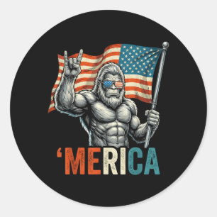 Bigfoot Merica Rock American Flag Patriotic 4th of Classic Round Sticker