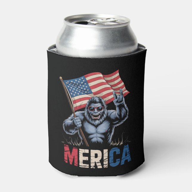 Bigfoot Merica Rock American Flag Patriotic  Can Cooler (Can Front)