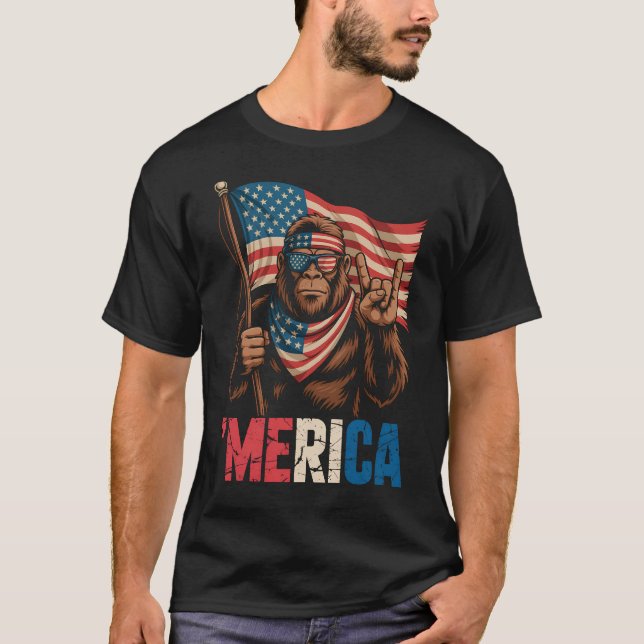 Bigfoot Merica Rock American Flag Sasquatch USA T-Shirt (Front)