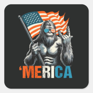 Bigfoot Merica Rock American Flag Square Sticker