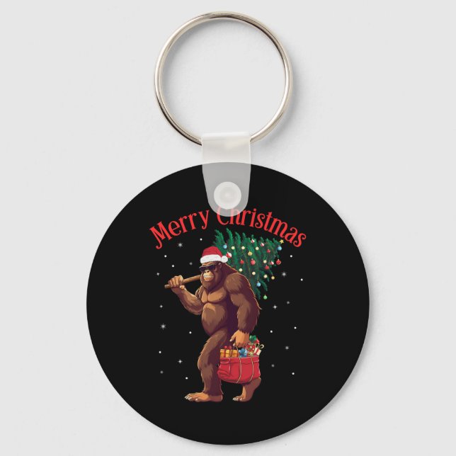Bigfoot Merry Christmas Tree Lights Sasquatch Xmas Key Ring (Front)
