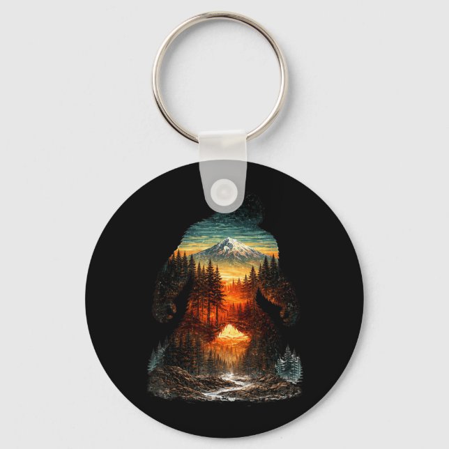Bigfoot Mountain Forest Sunset Outdoor Retro Key Ring (Front)