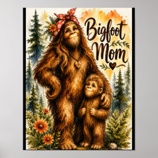 Bigfoot Mum Watercolor Woodland Sasquatch Mama For Poster