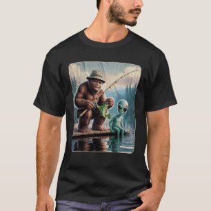 Bigfoot n Alien Fishing TOgether Sasquatch Fisherm T-Shirt