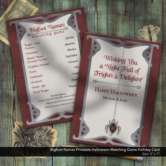 Bigfoot Names Printable Halloween Matching Game Holiday Card (Bigfoot Names Halloween Word Search–Printable Holiday Party Activity)