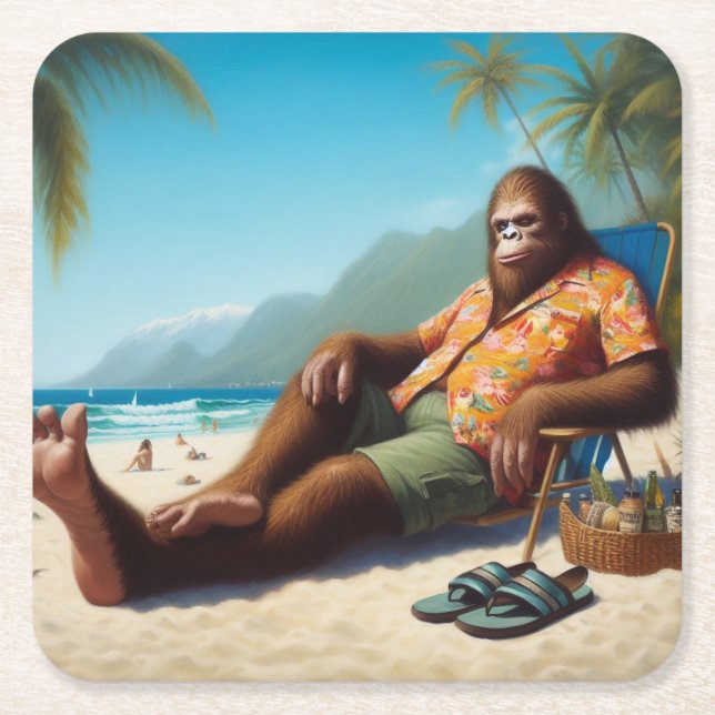 Bigfoot On the Beach Square Paper Coaster (Front)