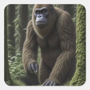  Bigfoot or Sasquatch Squatting by a Tree Square Sticker