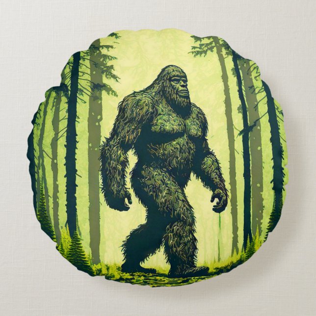 Bigfoot Out For A Forest Walk Sasquatch  Round Cushion (Front)