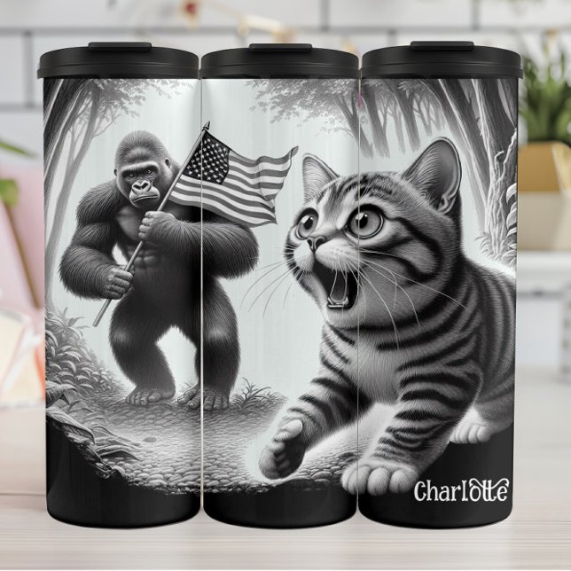 Bigfoot Patriot: Sasquatch, Cat, Flag Thermal Tumbler (Creator Uploaded)