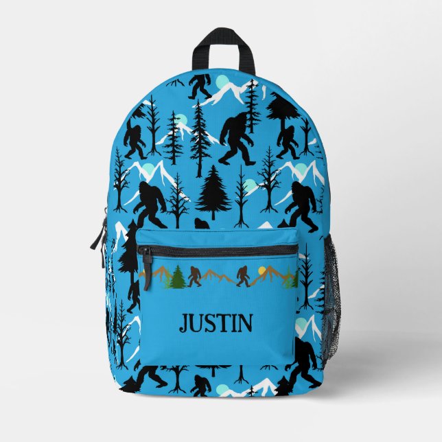Bigfoot Patterned Sasquatch Blue Printed Backpack (Front)