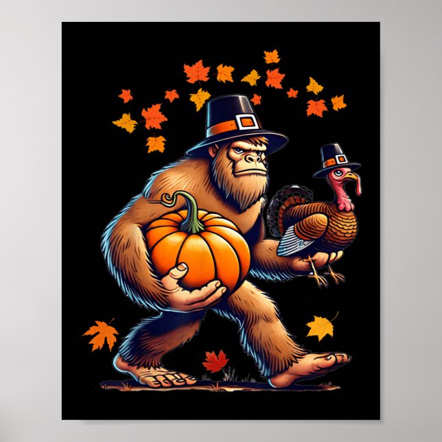 Bigfoot Pilgrim Hat Turkey Day Pumpkin Thanksgivin Poster (Front)