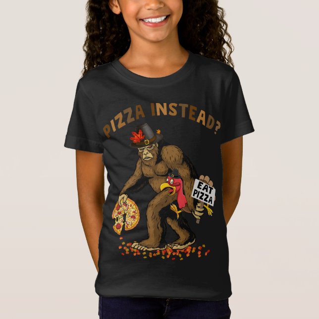 Bigfoot Pilgrim Turkey Pumpkin Eat Pizza Thanksgiv T-Shirt (Front)
