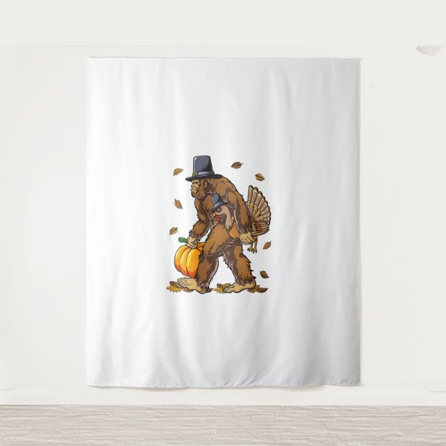Bigfoot Pilgrim Turkey Pumpkin Thanksgiving Day Bo Tapestry (Front)