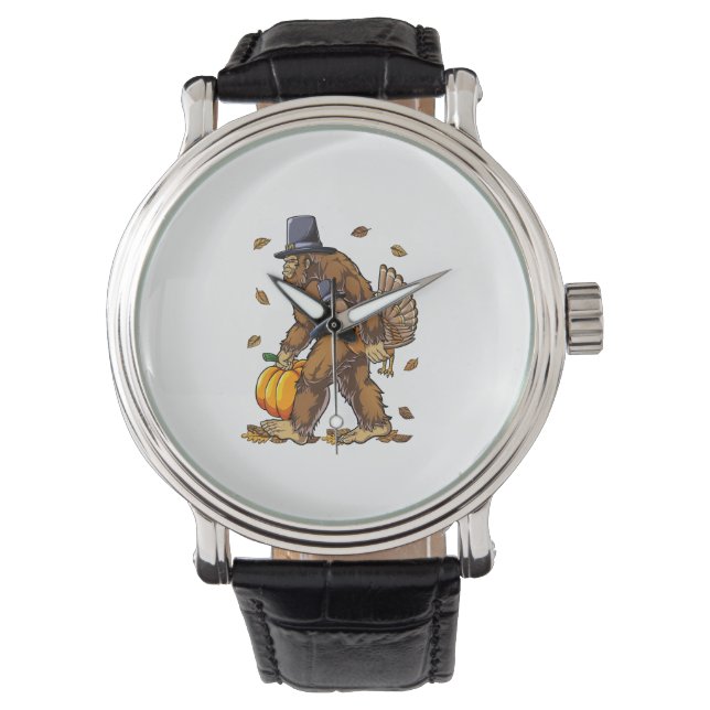 Bigfoot Pilgrim Turkey Pumpkin Thanksgiving Day Bo Watch (Front)