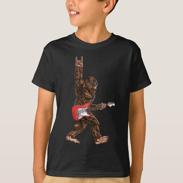 Bigfoot Playing A Electric Guitar Rock On Sasquatc T-Shirt (Front)