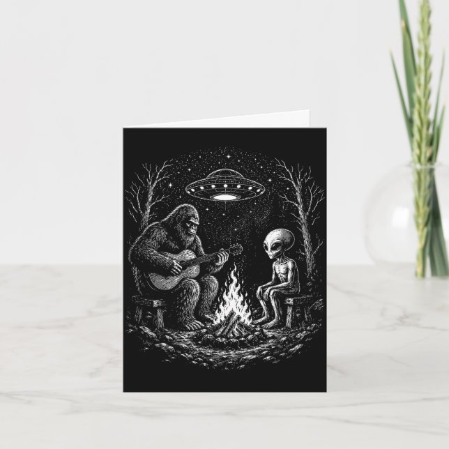 Bigfoot playing guitar campfire alien ufo camping  card (Front)