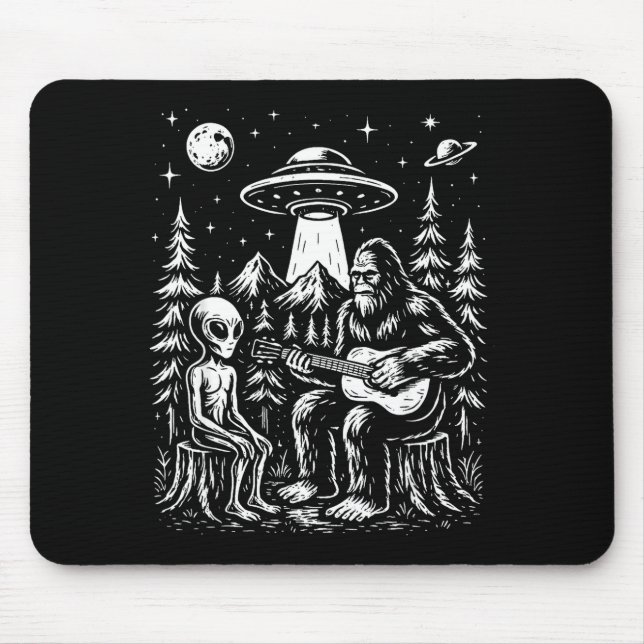 Bigfoot playing guitar with alien and ufo mouse pad (Front)