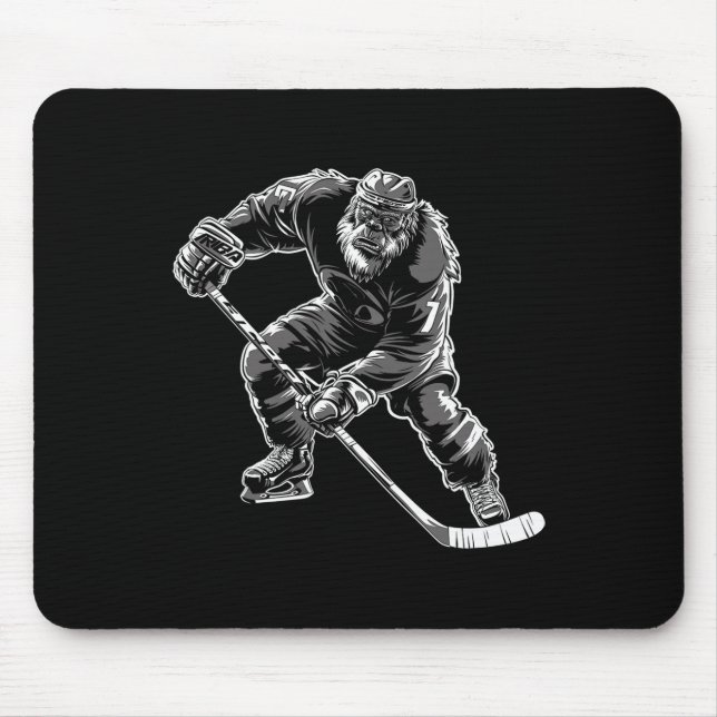 Bigfoot Playing Hockey Player Funny Sasquatch Hock Mouse Pad (Front)