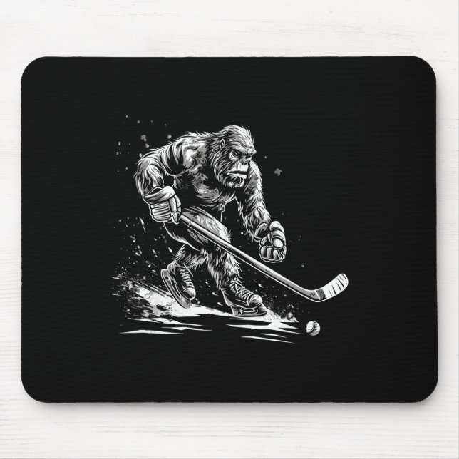 Bigfoot Playing Hockey Player Funny Sasquatch Ice  Mouse Pad (Front)