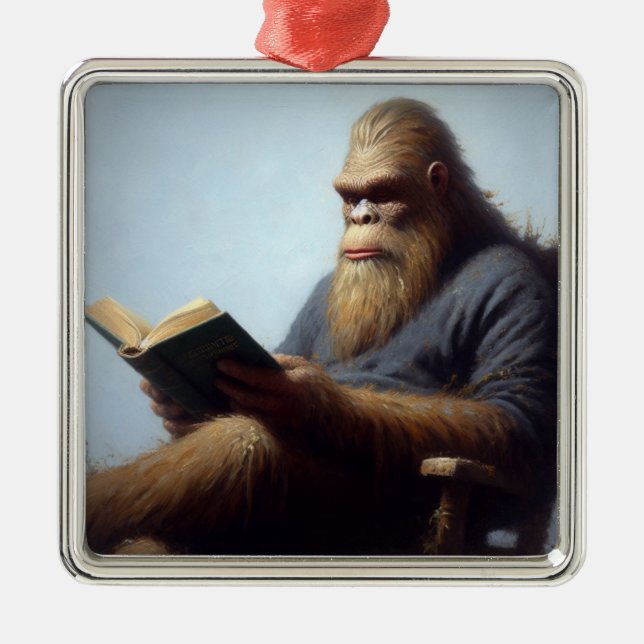 Bigfoot Reading Metal Tree Decoration (Front)