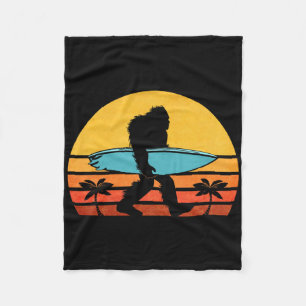 Bigfoot Retro Surfing , Tropical Sasquatch Surfer Fleece Blanket