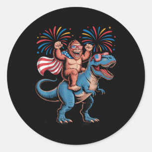 Bigfoot Riding Dinosaur Independence Day Happy 4th Classic Round Sticker