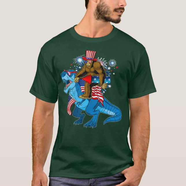 Bigfoot Riding Dinosaur T-rex 4th of July T-Shirt (Front)