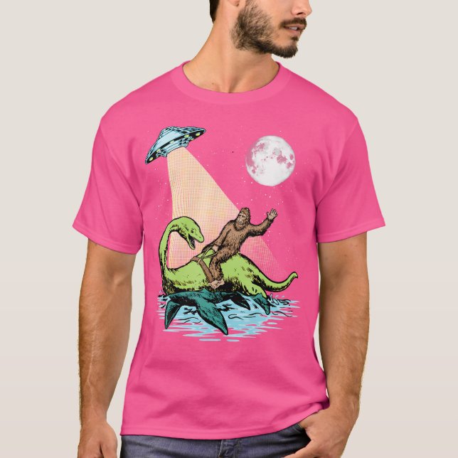 Bigfoot Riding Nessie  Ufo Aliens At Night Funny R T-Shirt (Front)